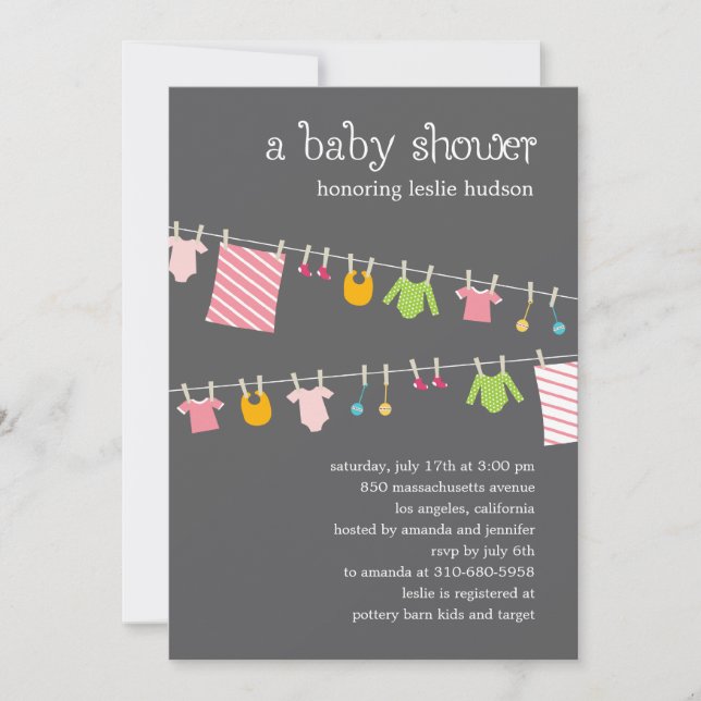 Chic Clothesline Baby Shower Invitation (Girl) (Front)