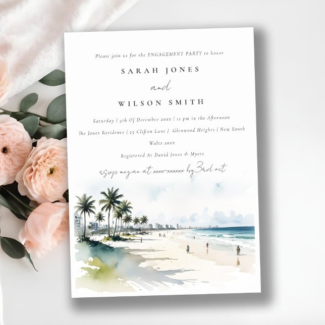 Chic Coastal Miami Beach Palm Trees Engagement Invitation (Creator Uploaded)