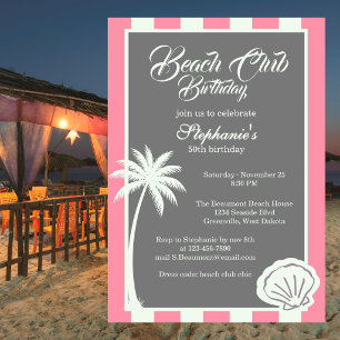 Chic Coastal Stripe Beach Club 50th Birthday Invitation
