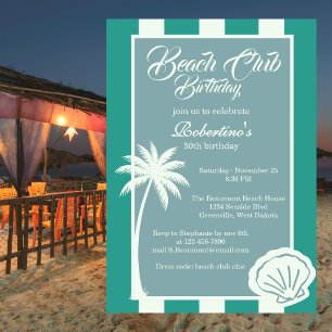 Chic Coastal Stripe Beach Club 50th Birthday Invitation