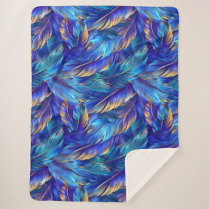 Chic cobalt blue gold feathers pattern sherpa blanket