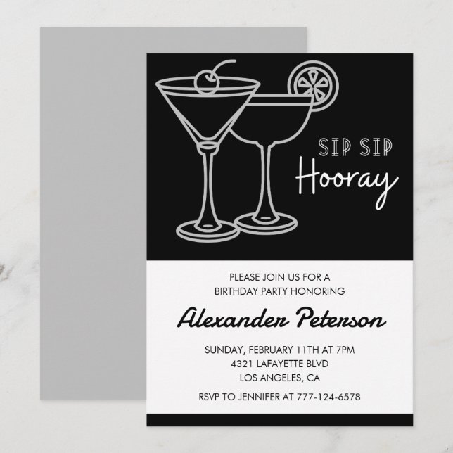 Chic Cocktail 22nd birthday invitation Black White (Front/Back)