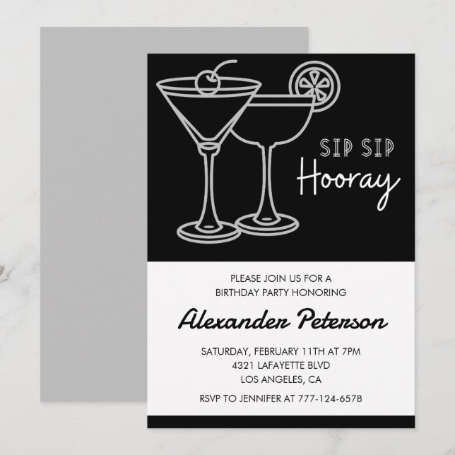 Chic Cocktail 27th birthday invitation Black White (Front/Back)