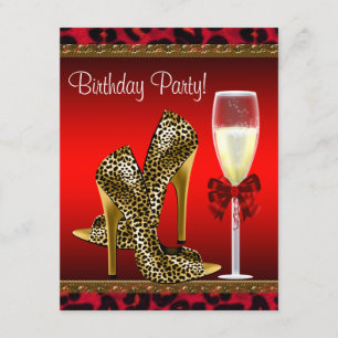 Chic Cocktail High Heel Shoes Red Leopard Birthday Invitation