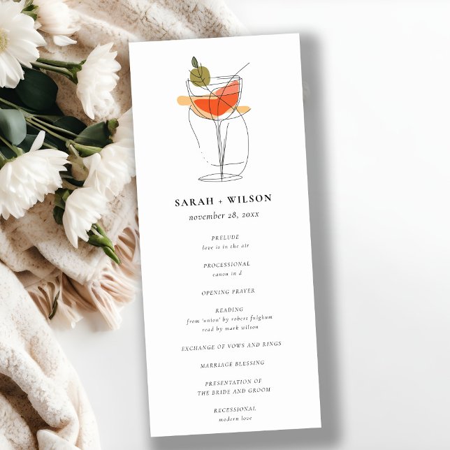 Chic Cocktail Wine Line Drawing Wedding Program (Creator Uploaded)