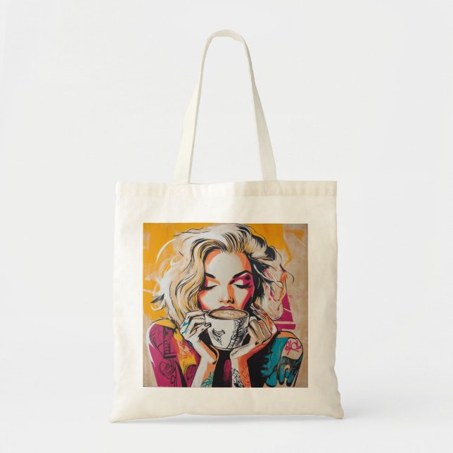 Chic Coffee Lover Tote - Trendy Woman with Coffee Bag (Front)