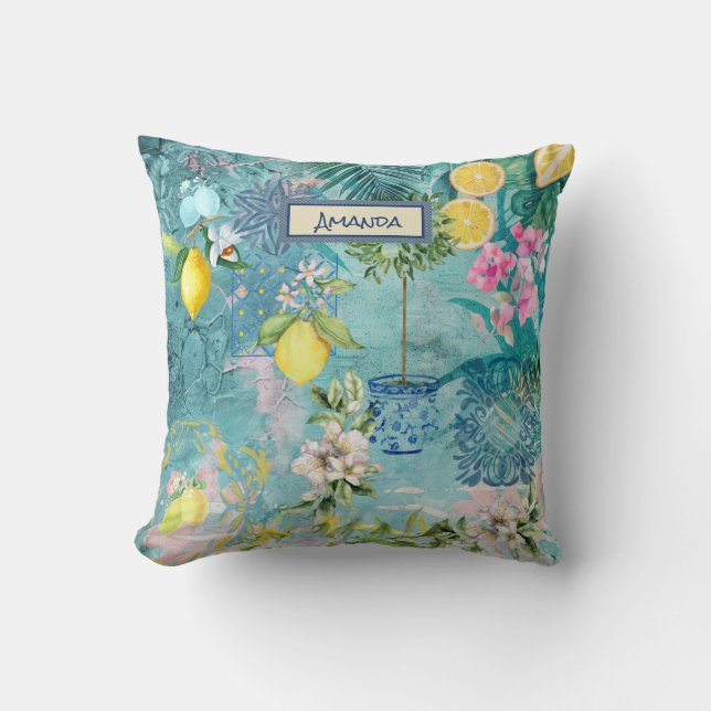 Chic collage blue turquoise sicilian citrus floral cushion (Front)