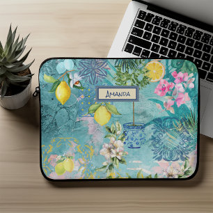 Chic collage blue turquoise sicilian citrus floral laptop sleeve