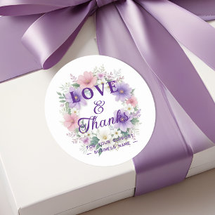 Chic Colorful Floral Wreath Purple Love  & Thanks Classic Round Sticker