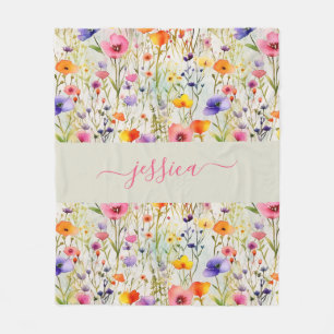 Chic colorful wildflowers watercolor script name fleece blanket