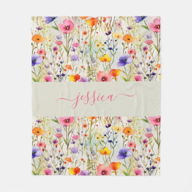 Chic colorful wildflowers watercolor script name fleece blanket (Front)