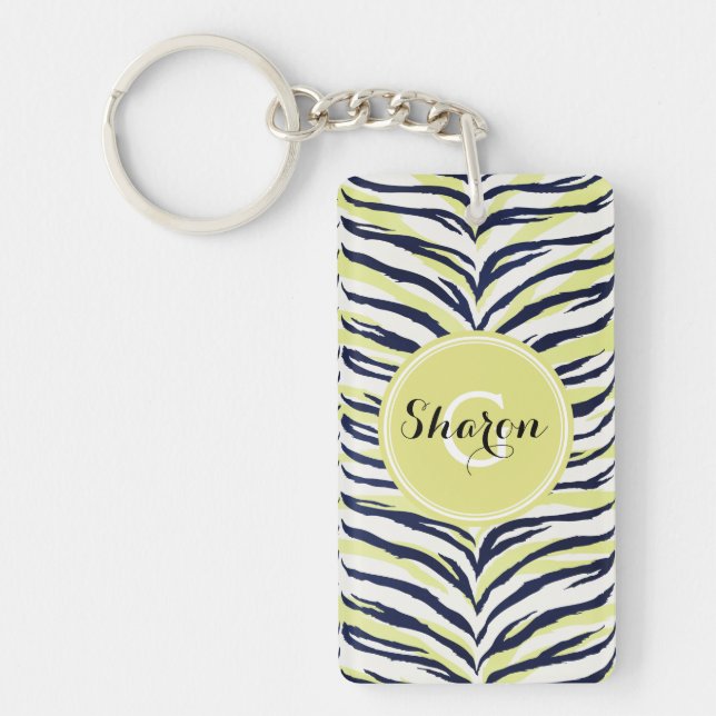 Chic colourful black & yellow zebra print monogram key ring (Front)