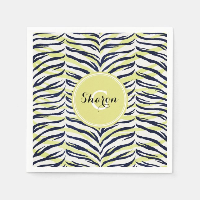 Chic colourful black & yellow zebra print monogram napkin (Front)