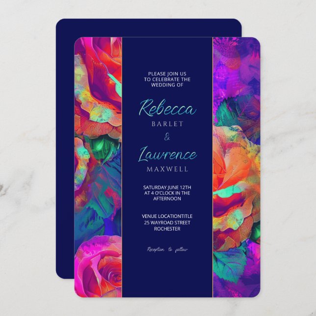 Chic colourful bright flowers wedding invitation (Front/Back)
