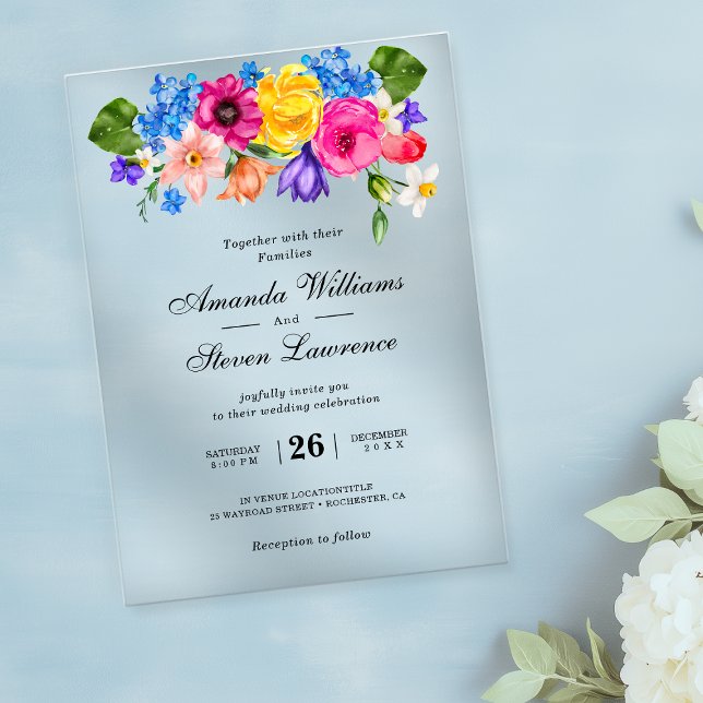 Chic colourful bright wildflowers wedding  acrylic invitations (Creator Uploaded)