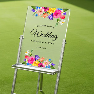Chic colourful bright wildflowers wedding welcome acrylic sign