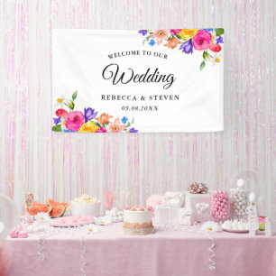 Chic colourful bright wildflowers wedding welcome  banner
