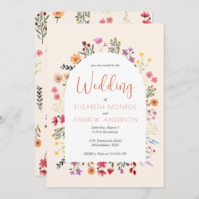 Chic Colourful Fall Wildflower Arch Wedding Script Invitation (Front/Back)