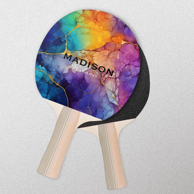 Chic colourful faux gold glitter marbling monogram ping pong paddle (Creator Uploaded)