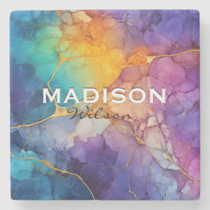 Chic colourful faux gold glitter marbling monogram stone coaster