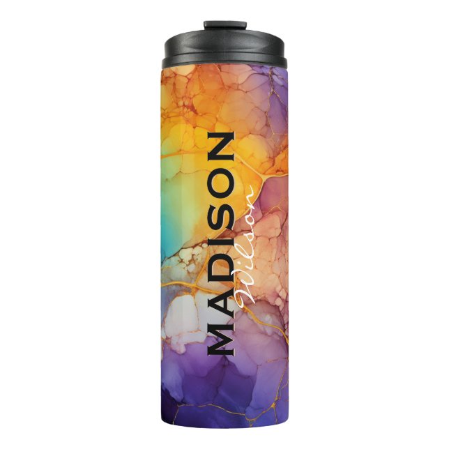 Chic colourful faux gold glitter marbling monogram thermal tumbler (Front)
