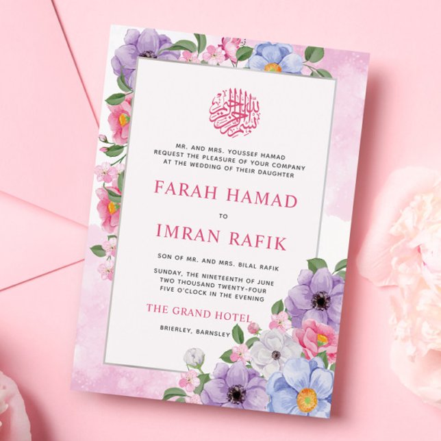 Chic Colourful Floral Frame Islamic Muslim Wedding Invitation (Creator Uploaded)