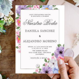 Chic Colourful Floral Nuestra Boda Spanish Wedding Invitation