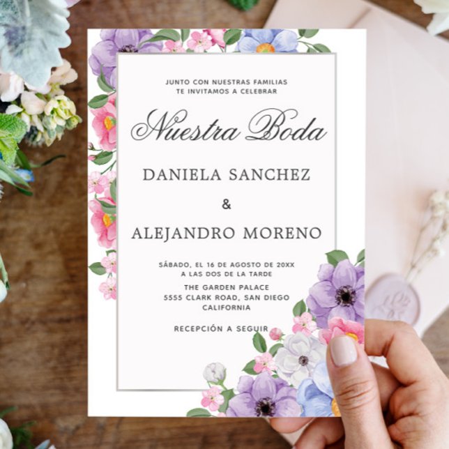 Chic Colourful Floral Nuestra Boda Spanish Wedding Invitation (Creator Uploaded)