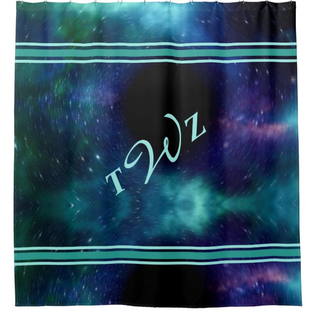 Chic Colourful Galaxy Outer Space Teal Monogram Shower Curtain (Front)