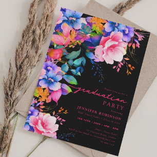 Chic Colourful Garden Floral Graduation Black  Invitation