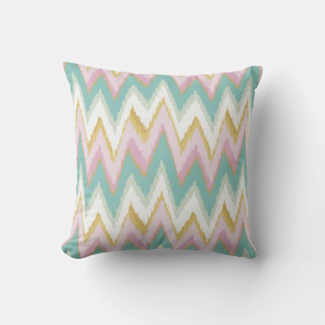 Chic colourful girly ikat tribal chevron pattern cushion (Front)
