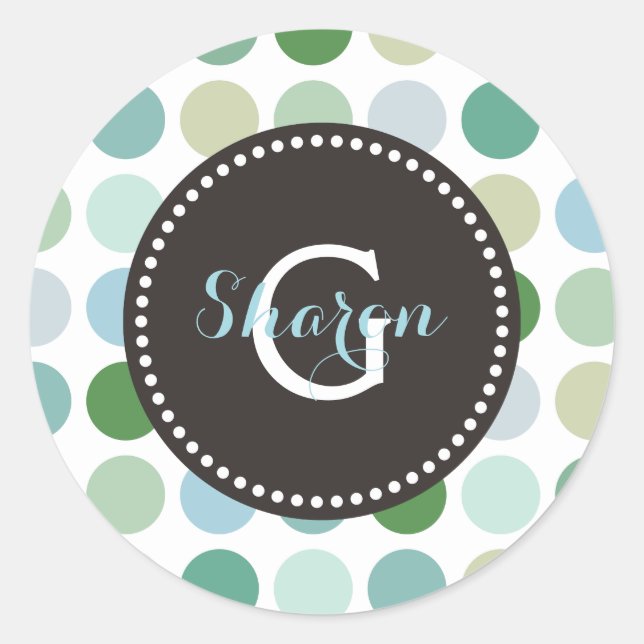 Chic colourful green polka dots pattern monogram classic round sticker (Front)