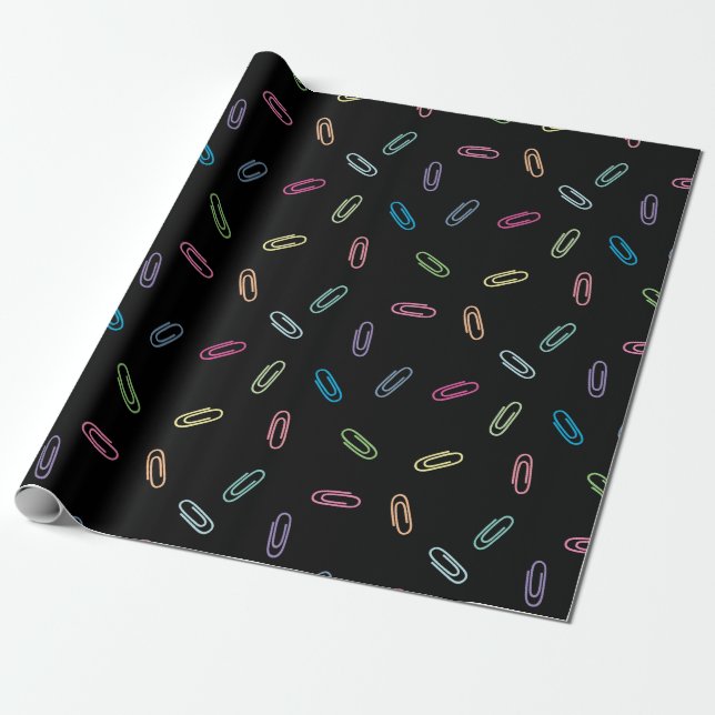 Chic Colourful Pastel Paperclips Pattern on Black Wrapping Paper (Unrolled)