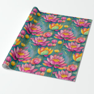 Chic Colourful Pink Lotus Flower Botanical Greener Wrapping Paper