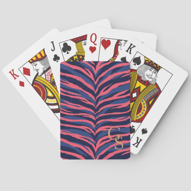 Chic colourful pink navy zebra print monogram playing cards (Back)