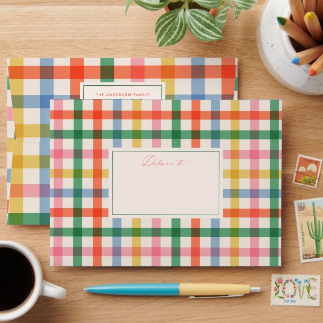 Chic Colourful Plaid Modern Christmas Envelope (Desk)