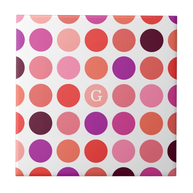 Chic colourful polka dots pattern monogram ceramic tile (Front)