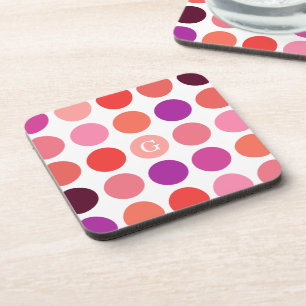 Chic colourful polka dots pattern monogram coaster