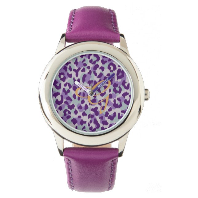 Chic colourful purple cheetah print monogram watch (Front)