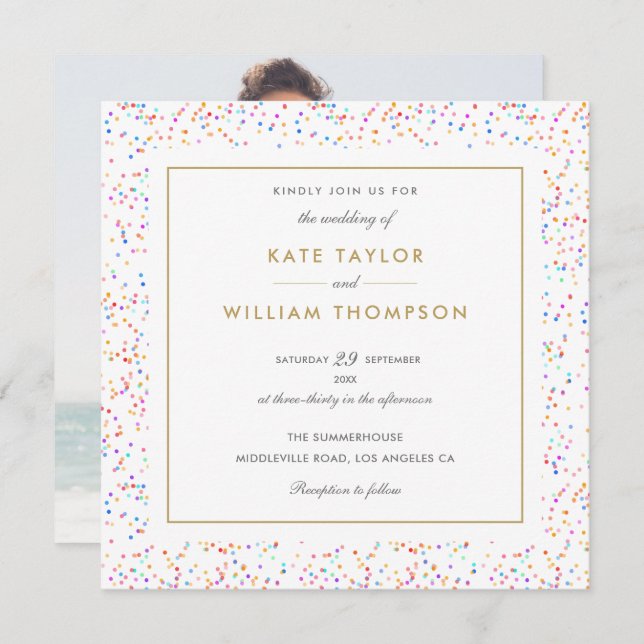 Chic Colourful Rainbow Confetti Photo Wedding Invitation (Front/Back)