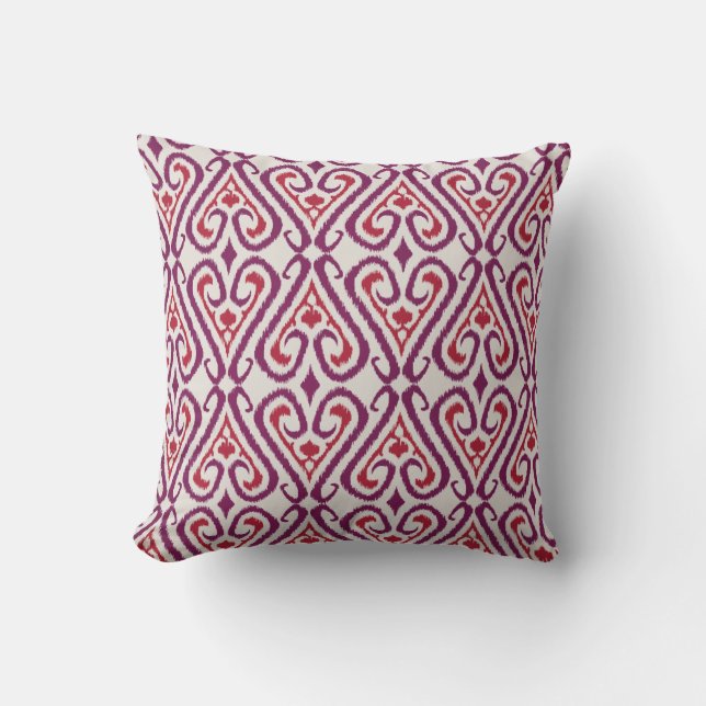 Chic colourful red and purple ikat damask patterns cushion (Front)