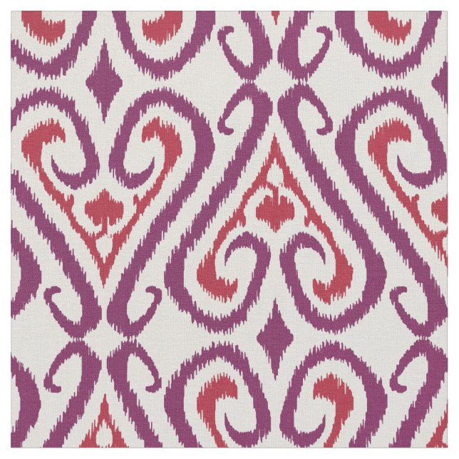Chic colourful red and purple ikat damask patterns fabric (Close Up)