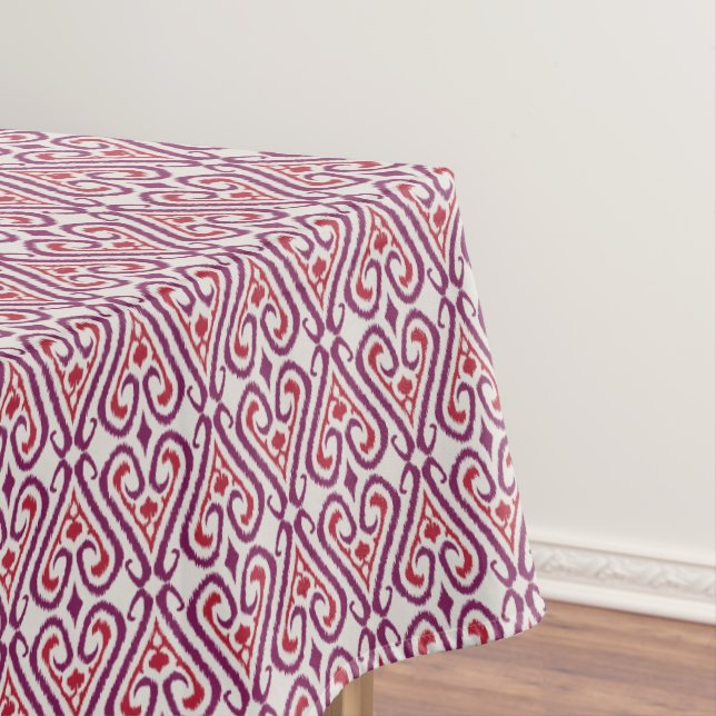 Chic colourful red and purple ikat damask patterns tablecloth (In Situ)