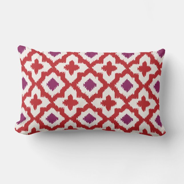 Chic colourful red and purple ikat tribal patterns lumbar cushion (Front)