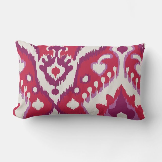 Chic colourful red and purple ikat tribal patterns lumbar cushion (Front)