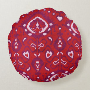 Chic colourful red and purple ikat tribal patterns round cushion
