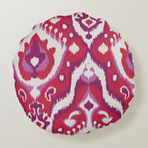 Chic colourful red and purple ikat tribal patterns round cushion