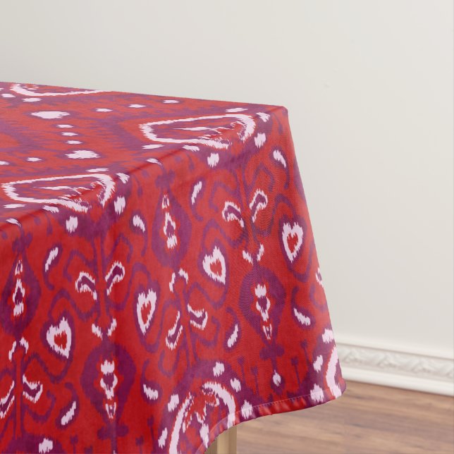 Chic colourful red and purple ikat tribal patterns tablecloth (In Situ)