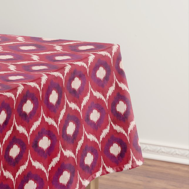 Chic colourful red and purple ikat tribal patterns tablecloth (In Situ)