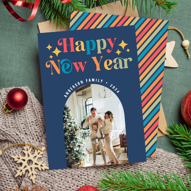 Chic Colourful Retro Happy New Year Photo Holiday Card (Creator Uploaded)